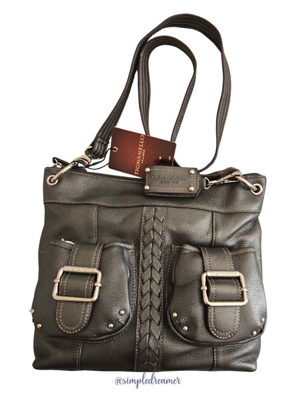 Tignanello Leather Convertible Shoulder Bag Braided Accents NWT (Color: Zinc)